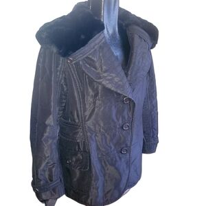 Evoluzione by Rosa Mori Black Winter Coat with Rabbit Fur Collar L